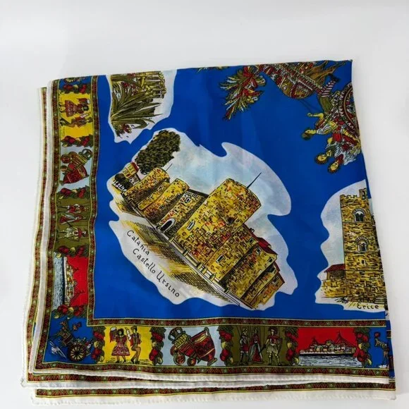 Vintage Italy Sicily Souvenir Scarf Blue Map Print Travel Tourist Square 25" - Picture 2 of 5